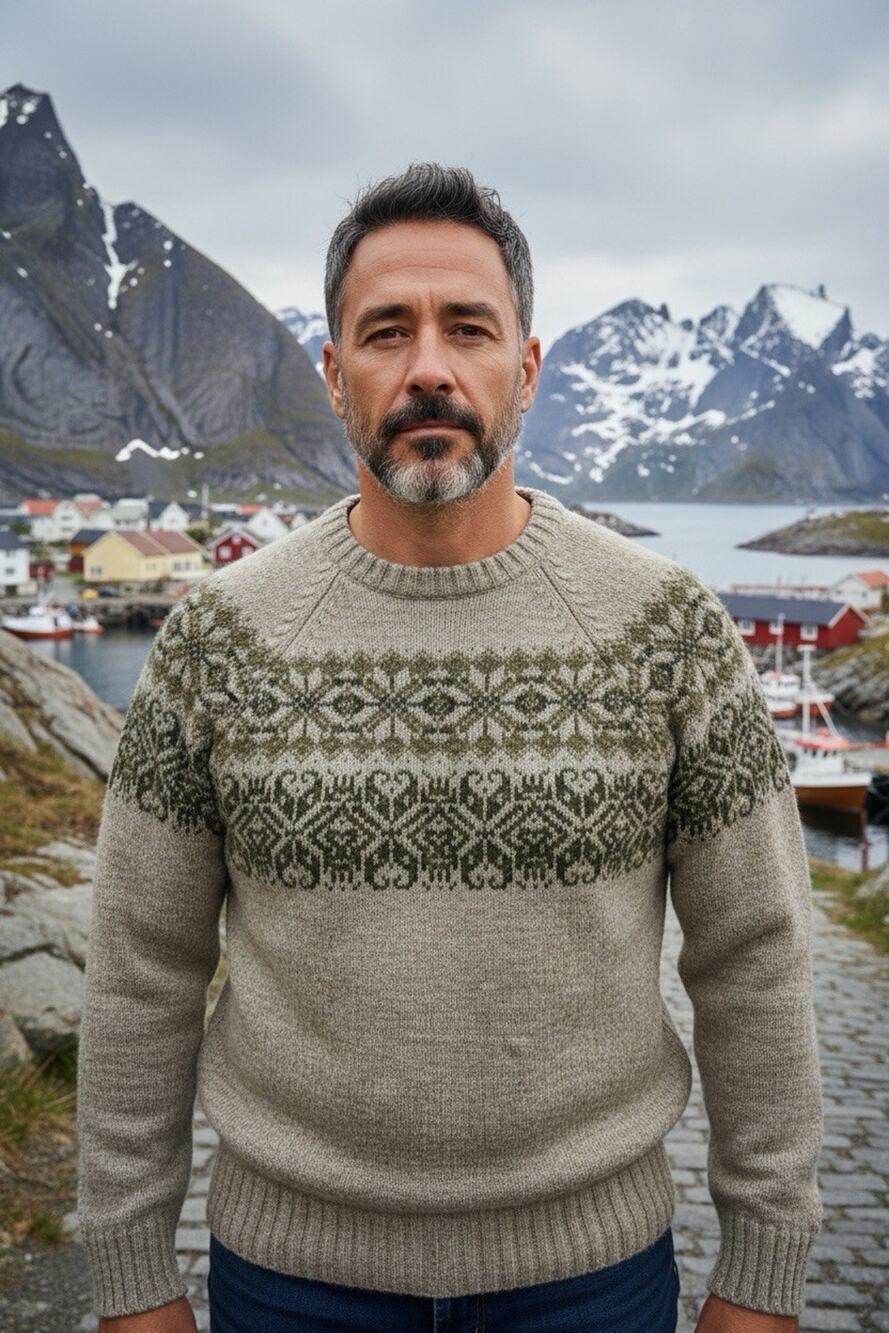 VTG Woolrich Men's XL Heather Beige Green Brown Wool Nordic Fair Isle Sweater